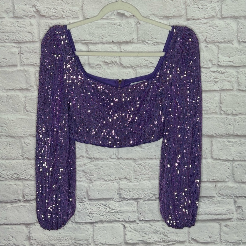 Faeriesty Purple Sequin Balloon Sleeve Crop Top - Picture 4 of 12